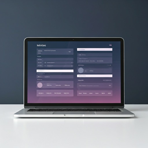 Espacio de trabajo digital minimalista con laptop y composiciones de interfaz en tonos lavanda e índigo.